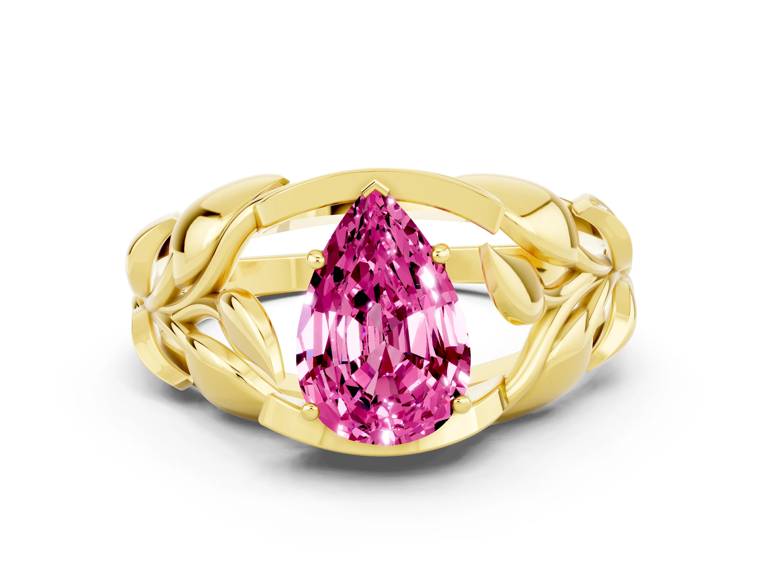 Yellow gold Pear Cut Solitaire Leaf-Inspired Engagement Ring with Prong Setting
