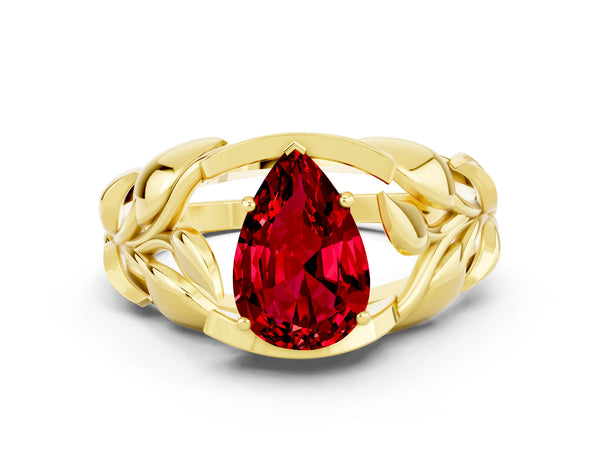 Yellow gold Pear Cut Ruby Leaf-Inspired Engagement Ring with Round Accents and Prong Setting