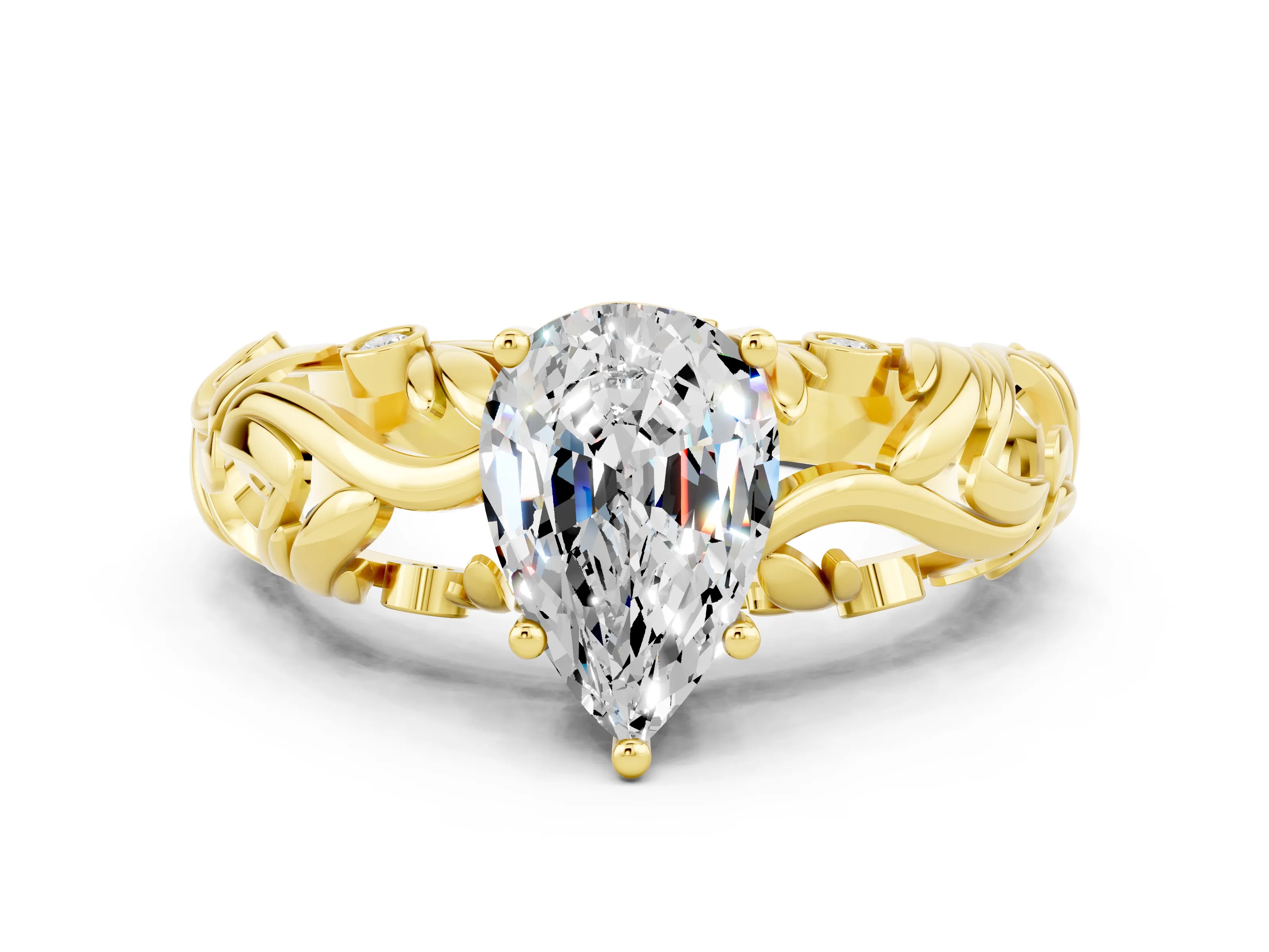 Yellow gold Pear Cut Solitaire Moissanite Leaf-Inspired Vine Band Ring with Prong Setting