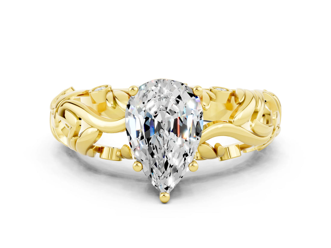 Yellow gold Pear Cut Solitaire Moissanite Leaf-Inspired Vine Band Ring with Prong Setting