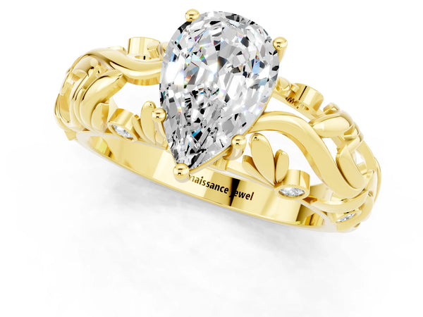 Yellow gold Pear Cut Solitaire Moissanite Leaf-Inspired Vine Band Ring with Prong Setting