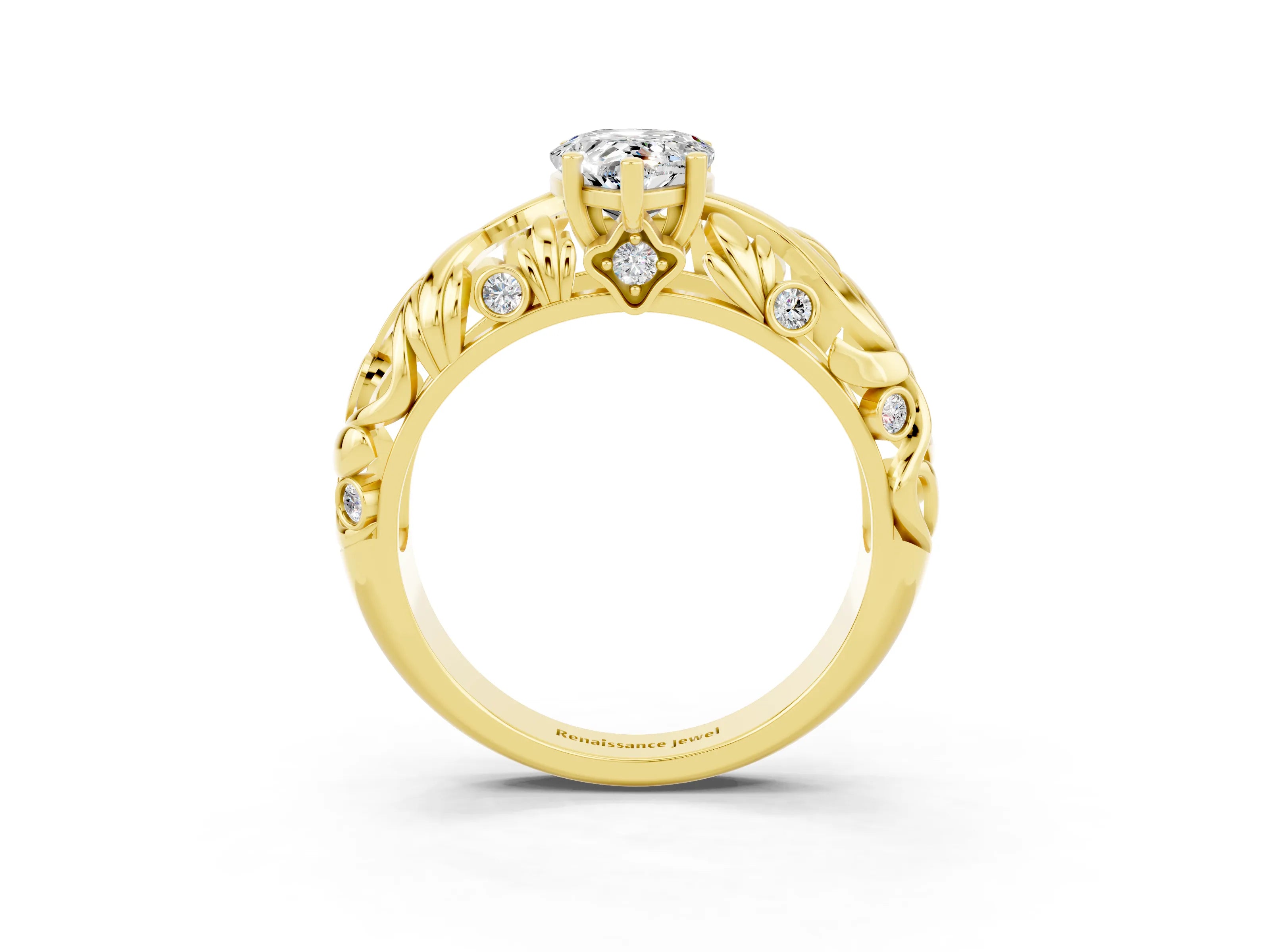 Yellow gold Pear Cut Solitaire Moissanite Leaf-Inspired Vine Band Ring with Prong Setting_3