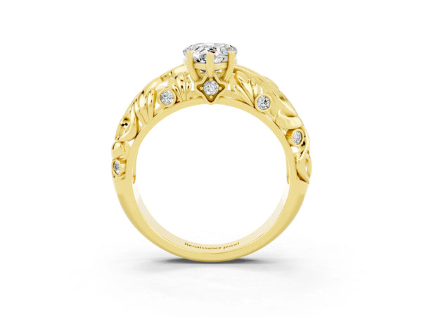 Yellow gold Pear Cut Solitaire Moissanite Leaf-Inspired Vine Band Ring with Prong Setting