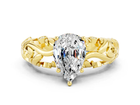 Yellow gold Pear Cut Solitaire Moissanite Leaf-Inspired Vine Band Ring with Prong Setting