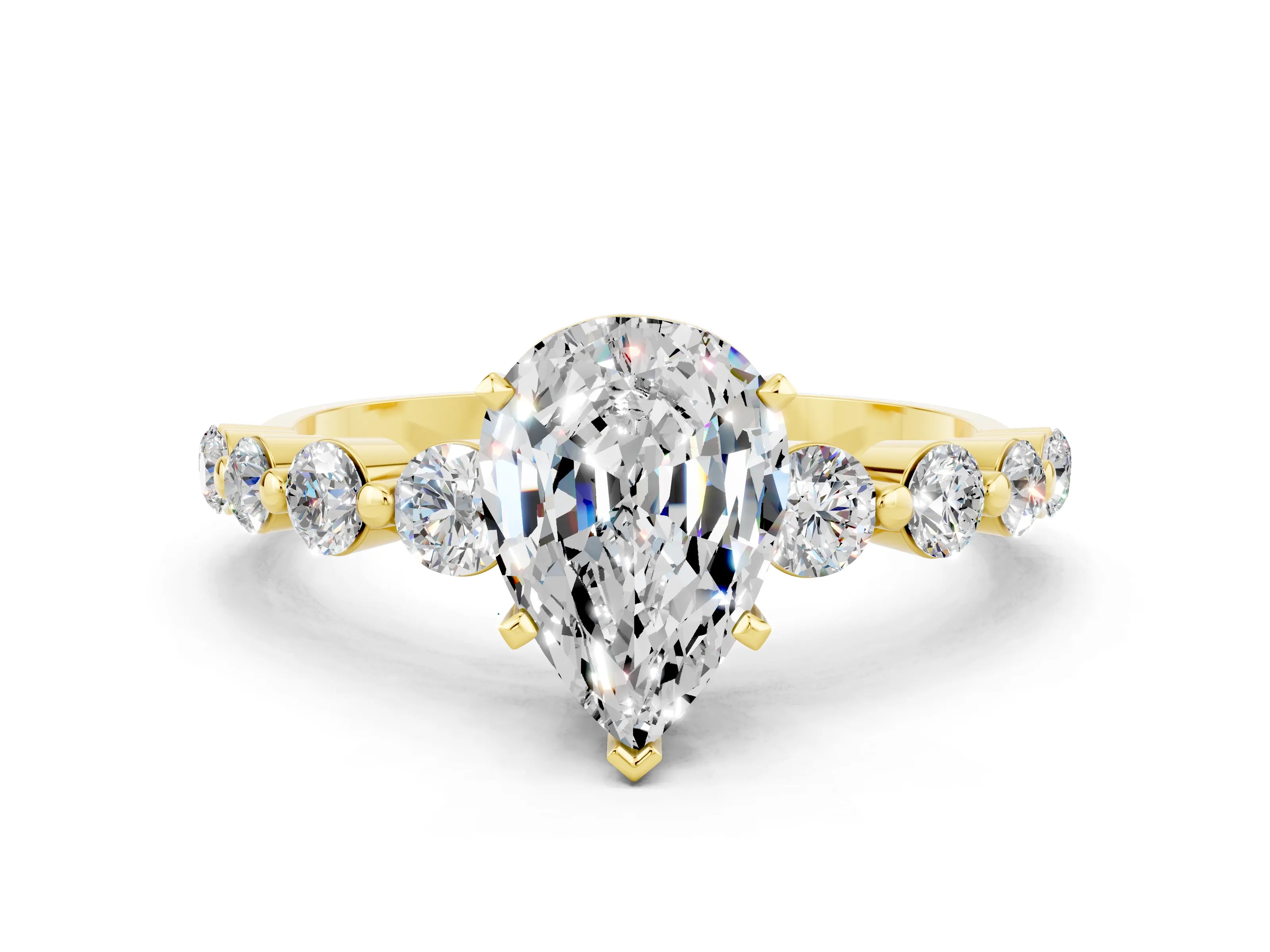 Yellow gold Pear Cut Solitaire Moissanite Ring with Pave Band and Four-Prong Setting