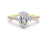 Yellow gold Pear Cut Solitaire Moissanite Ring with Pave Band and Four-Prong Setting