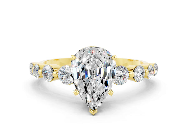 Yellow gold Pear Cut Solitaire Moissanite Ring with Pave Band and Four-Prong Setting
