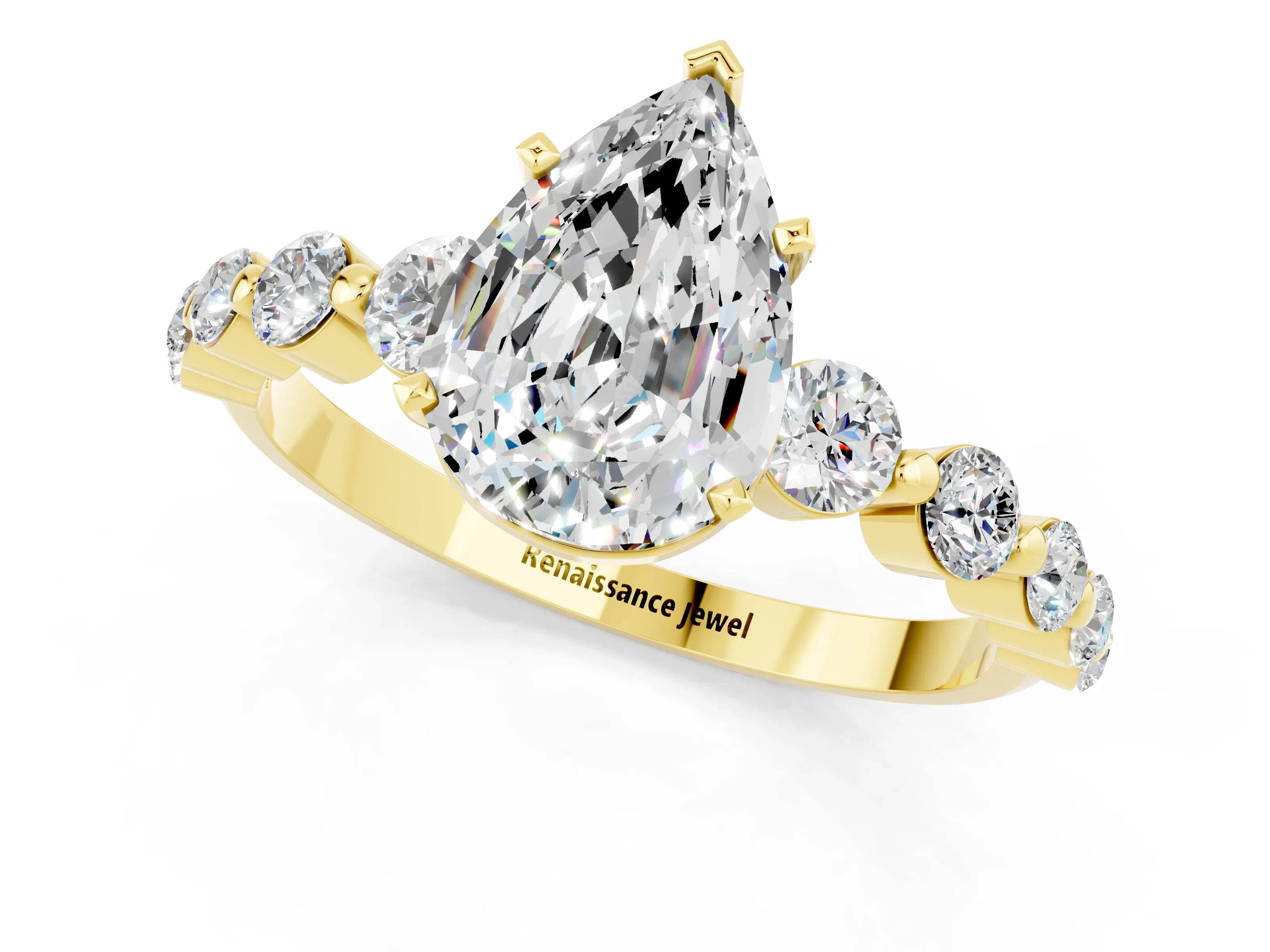 Yellow gold Pear Cut Solitaire Moissanite Ring with Pave Band and Four-Prong Setting_1