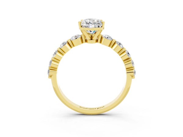 Yellow gold Pear Cut Solitaire Moissanite Ring with Pave Band and Four-Prong Setting