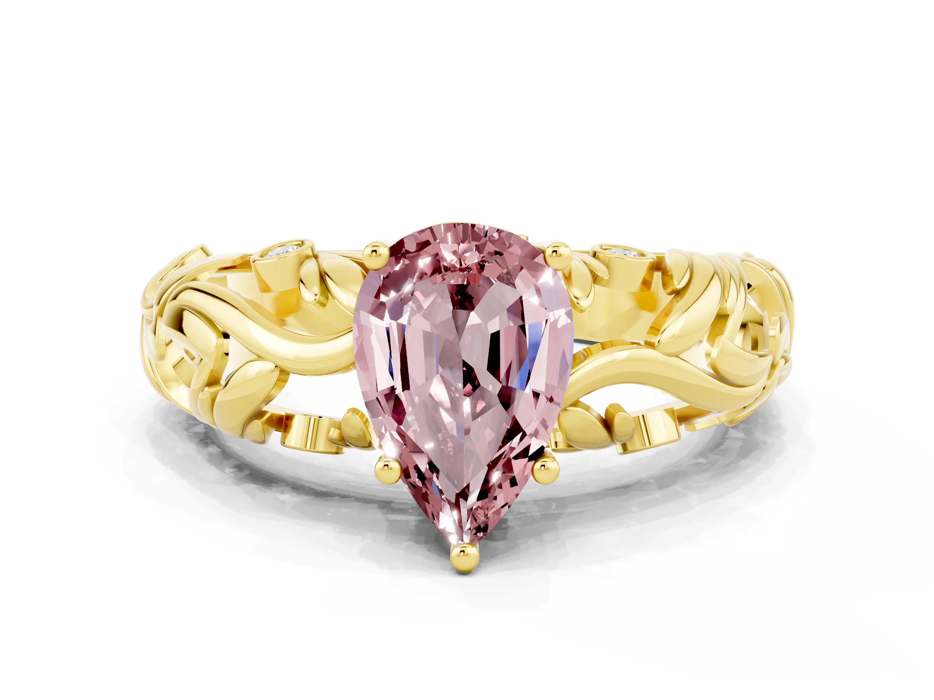 Yellow gold Pear Cut Solitaire Morganite Leaf-Inspired Vine Band Ring with Prong Setting