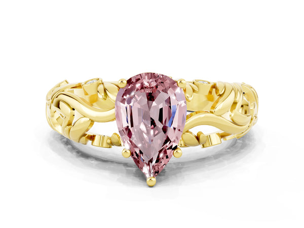 Yellow gold Pear Cut Solitaire Morganite Leaf-Inspired Vine Band Ring with Prong Setting