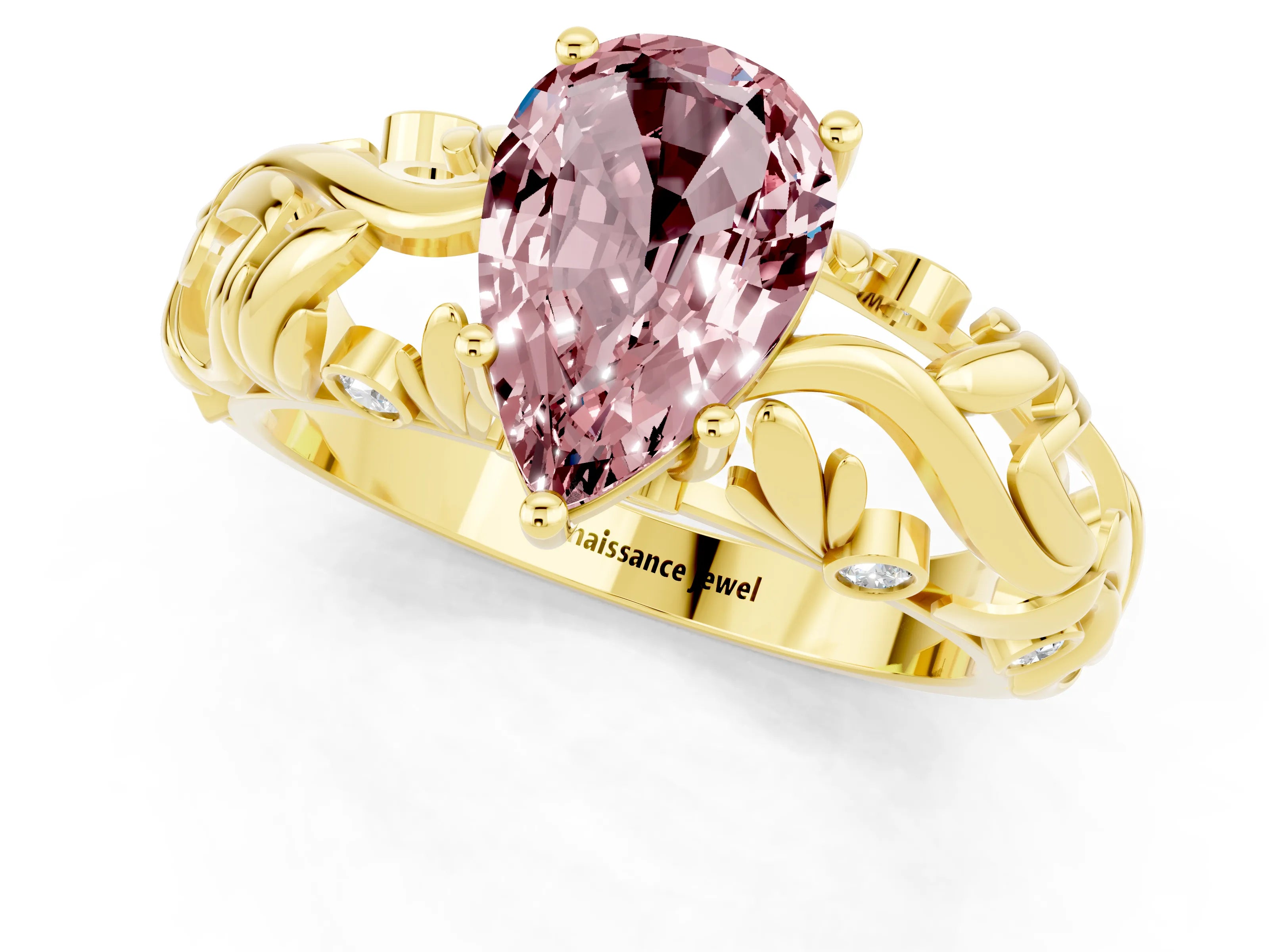 Yellow gold Pear Cut Solitaire Morganite Leaf-Inspired Vine Band Ring with Prong Setting_1