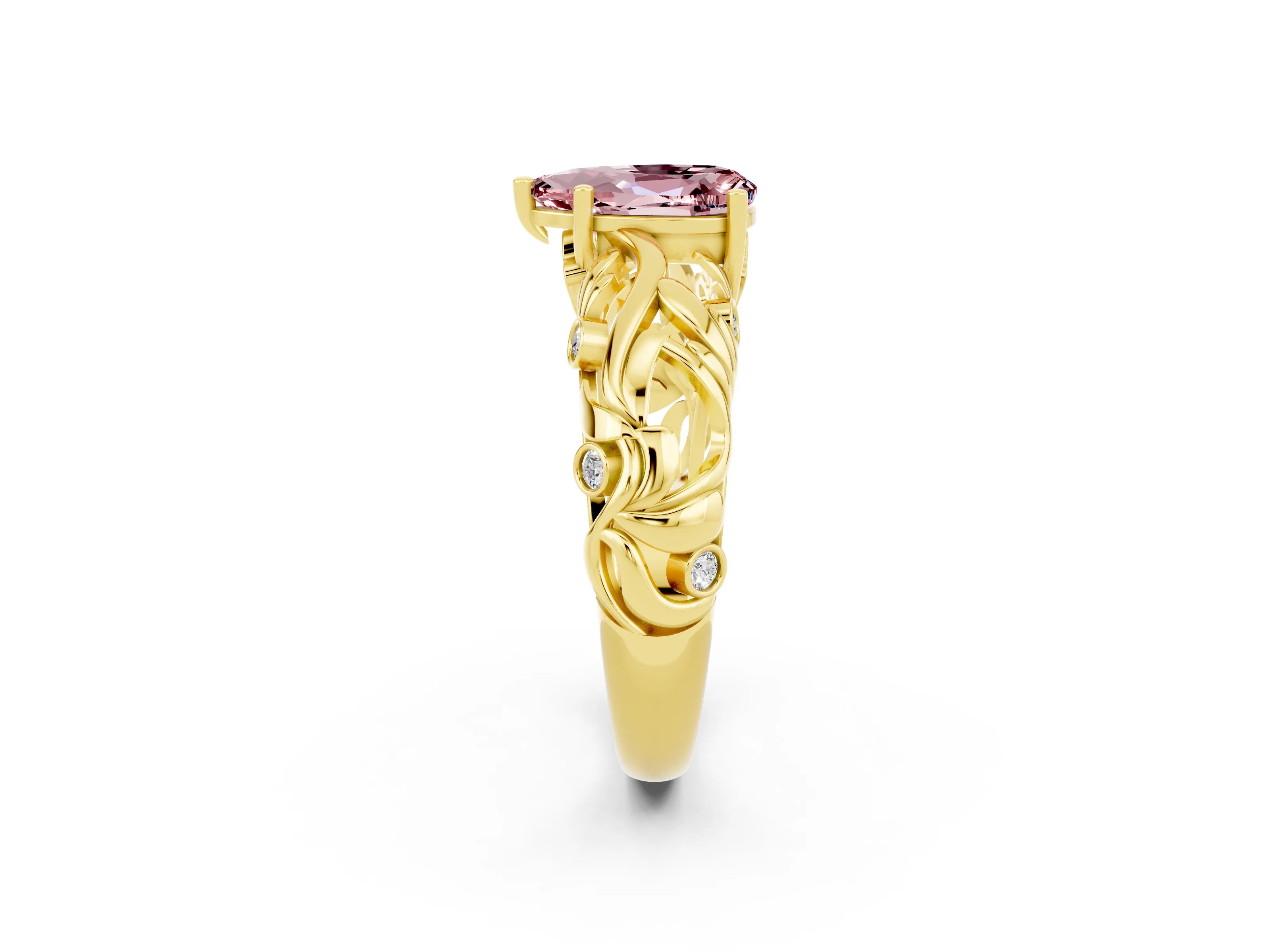 Yellow gold Pear Cut Solitaire Morganite Leaf-Inspired Vine Band Ring with Prong Setting_2