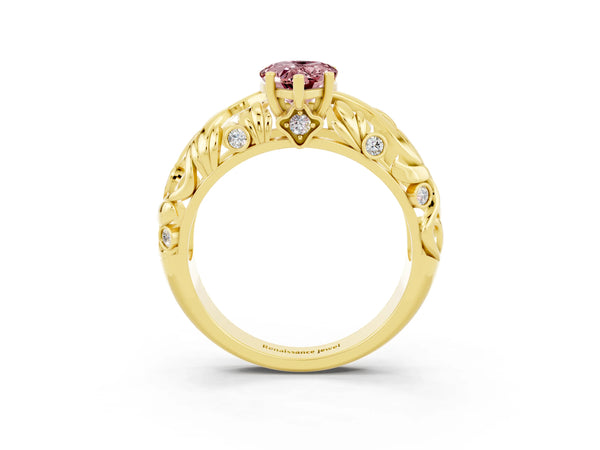 Yellow gold Pear Cut Solitaire Morganite Leaf-Inspired Vine Band Ring with Prong Setting