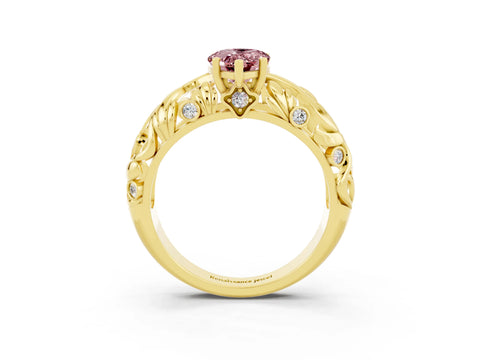Yellow gold Pear Cut Solitaire Morganite Leaf-Inspired Vine Band Ring with Prong Setting_3