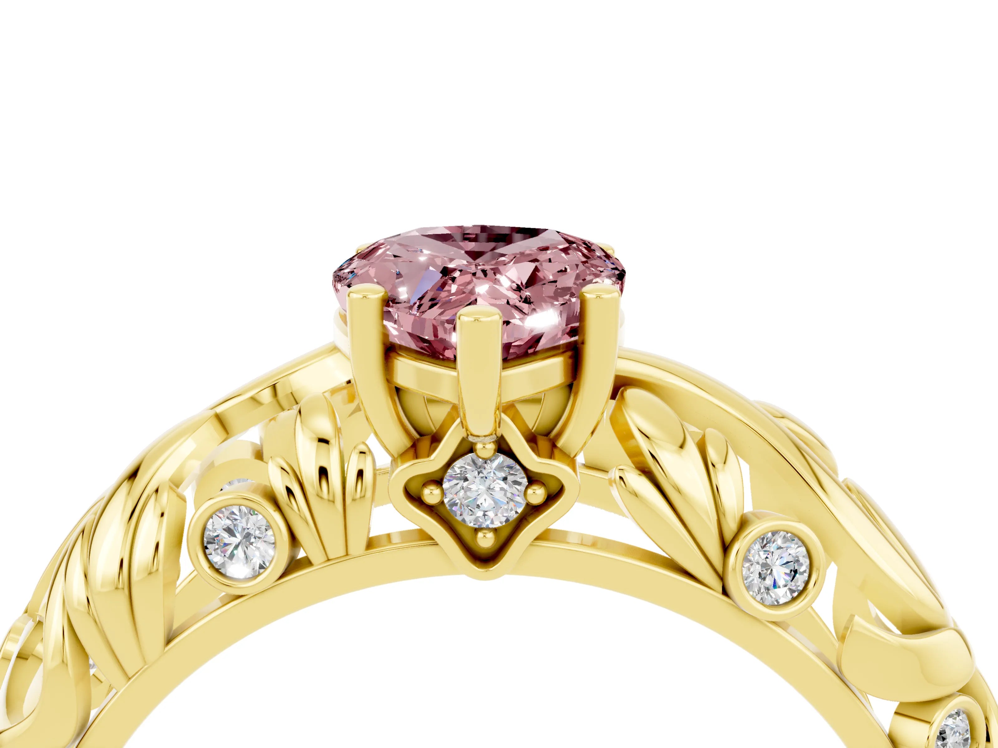 Yellow gold Pear Cut Solitaire Morganite Leaf-Inspired Vine Band Ring with Prong Setting_4