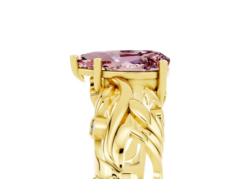 Yellow gold Pear Cut Solitaire Morganite Leaf-Inspired Vine Band Ring with Prong Setting_5