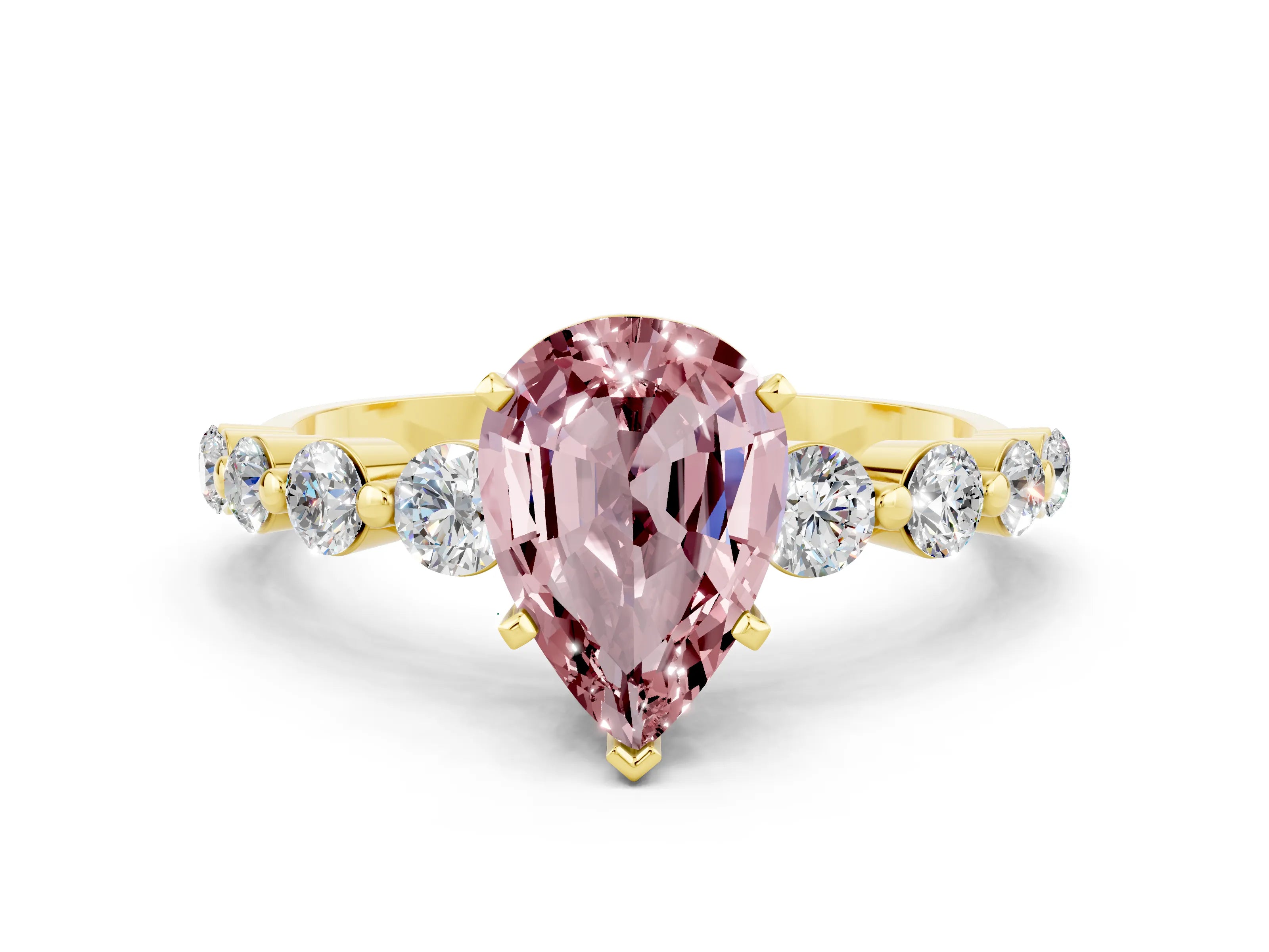 Yellow gold Pear Cut Solitaire Morganite Ring with Pave Band and Four-Prong Setting