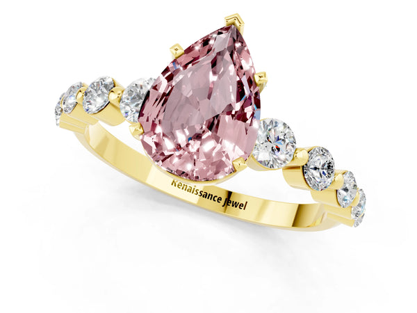 Yellow gold Pear Cut Solitaire Morganite Ring with Pave Band and Four-Prong Setting