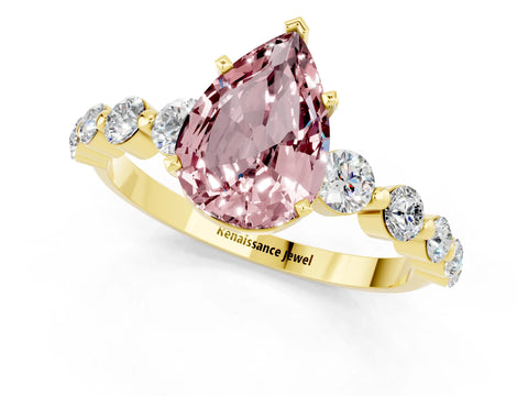 Yellow gold Pear Cut Solitaire Morganite Ring with Pave Band and Four-Prong Setting_1