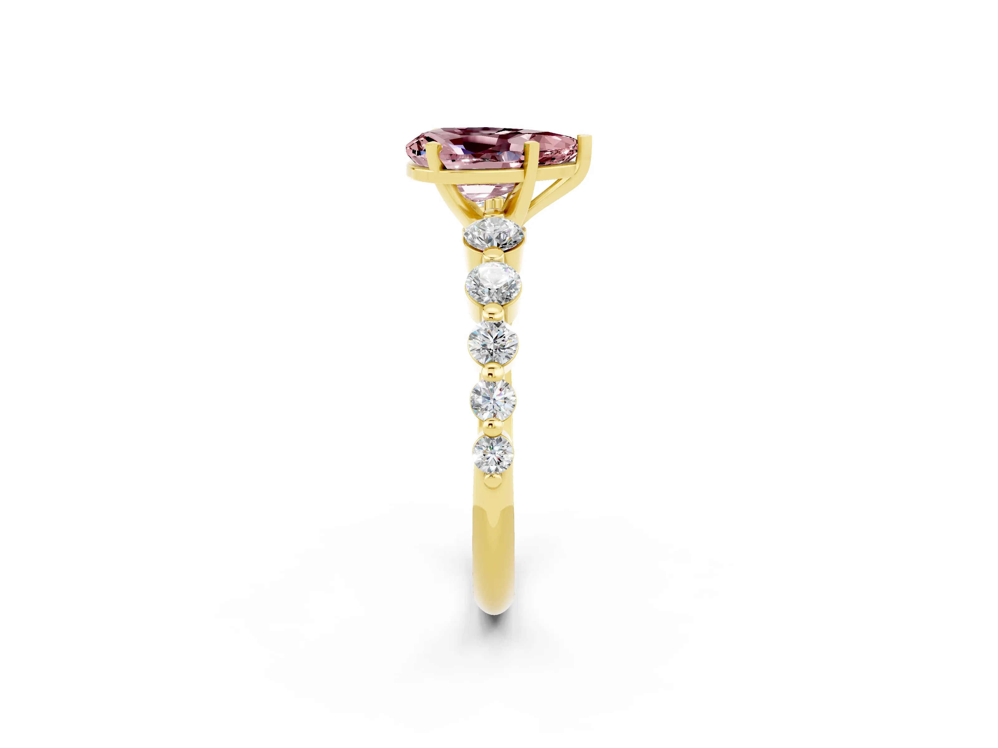 Yellow gold Pear Cut Solitaire Morganite Ring with Pave Band and Four-Prong Setting_2