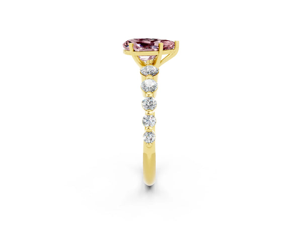 Yellow gold Pear Cut Solitaire Morganite Ring with Pave Band and Four-Prong Setting