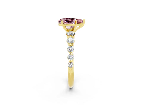 Yellow gold Pear Cut Solitaire Morganite Ring with Pave Band and Four-Prong Setting_2
