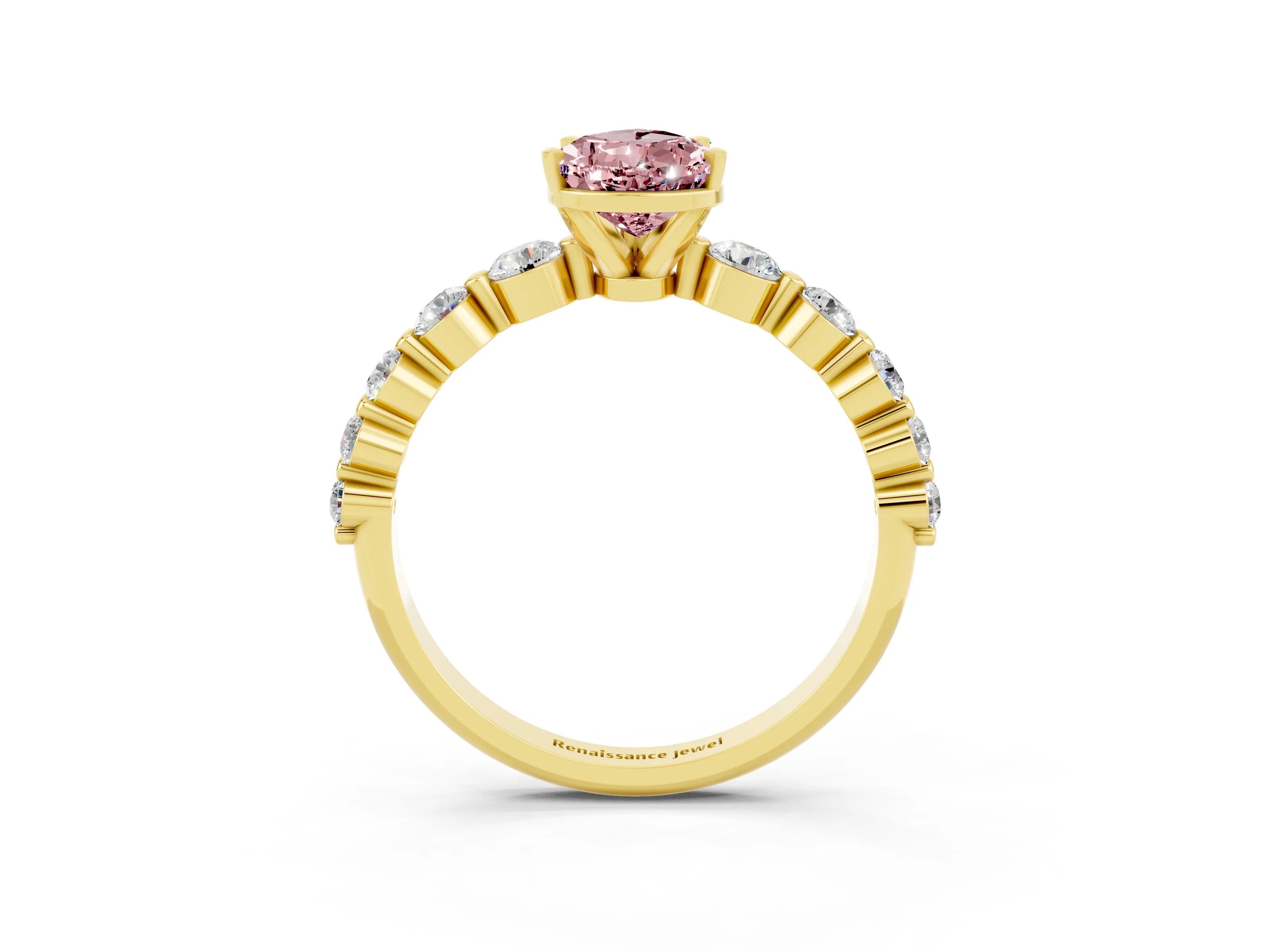 Yellow gold Pear Cut Solitaire Morganite Ring with Pave Band and Four-Prong Setting_3