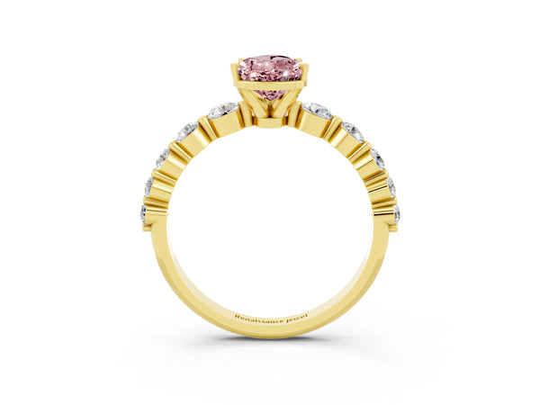 Yellow gold Pear Cut Solitaire Morganite Ring with Pave Band and Four-Prong Setting