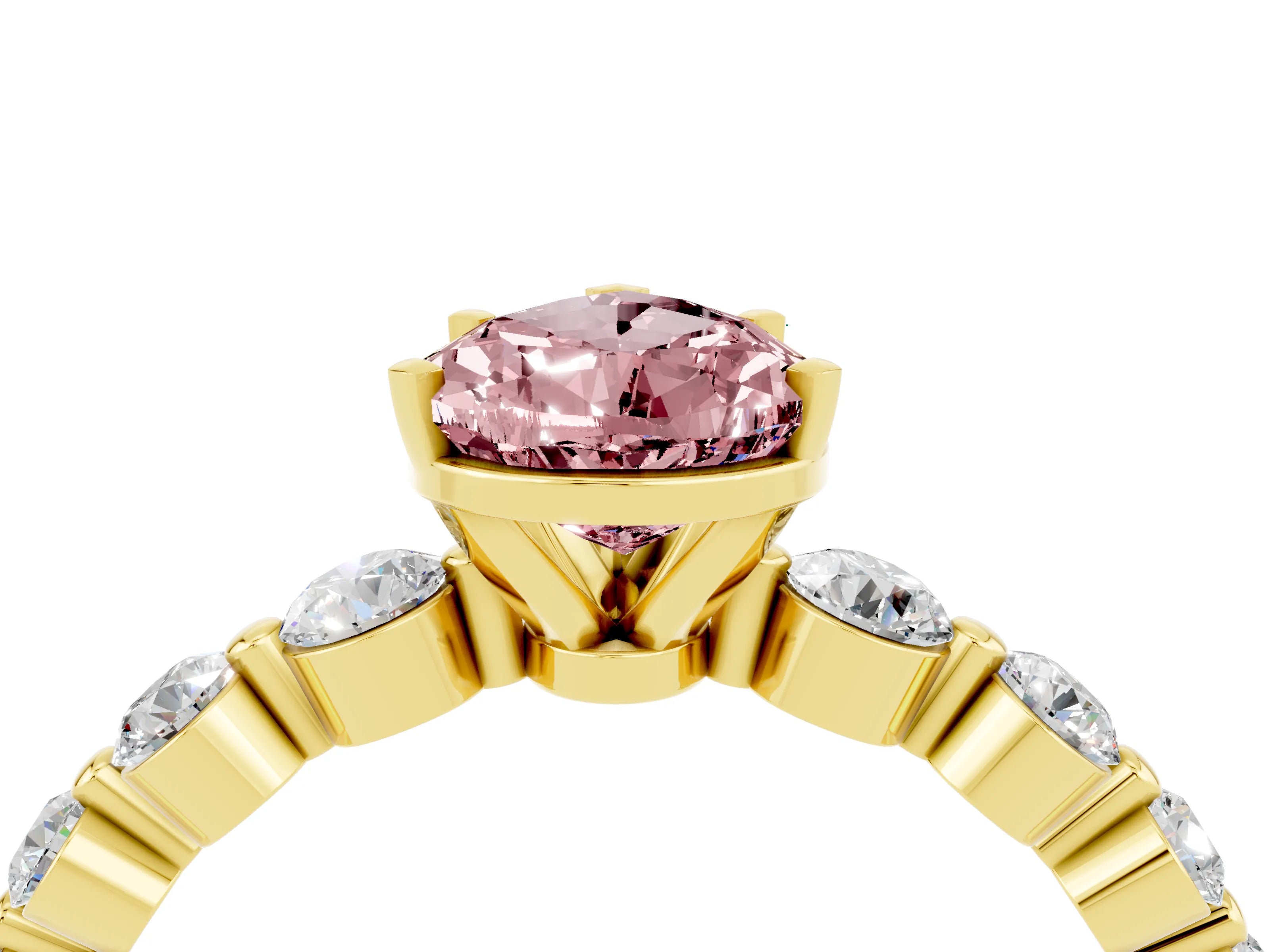 Yellow gold Pear Cut Solitaire Morganite Ring with Pave Band and Four-Prong Setting_4