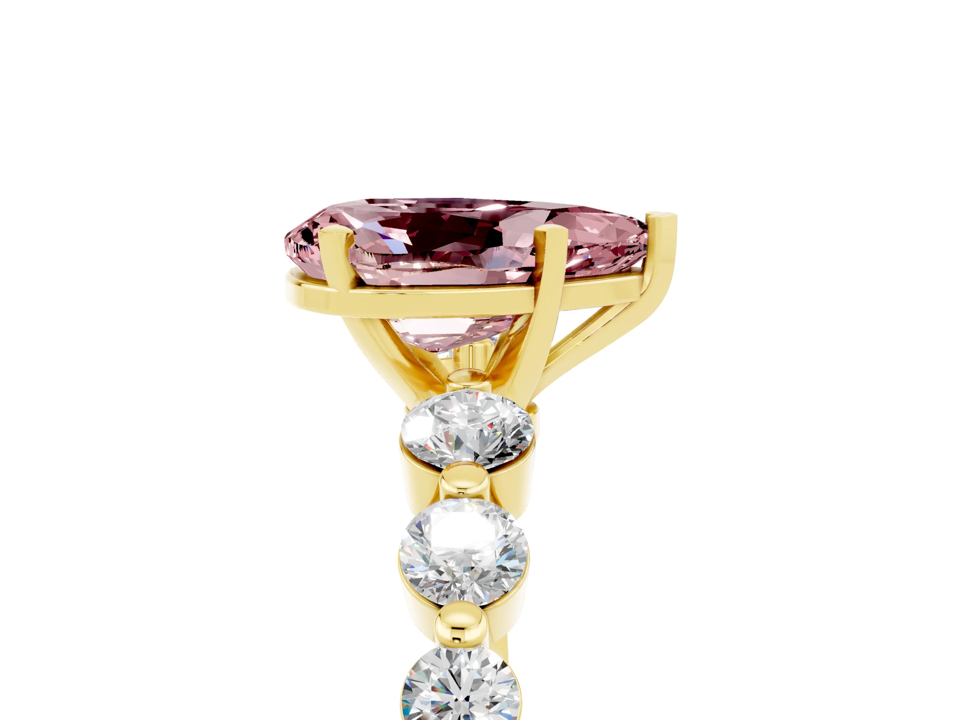 Yellow gold Pear Cut Solitaire Morganite Ring with Pave Band and Four-Prong Setting_5