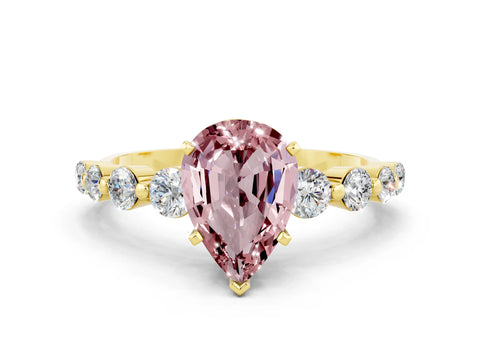 Yellow gold Pear Cut Solitaire Morganite Ring with Pave Band and Four-Prong Setting