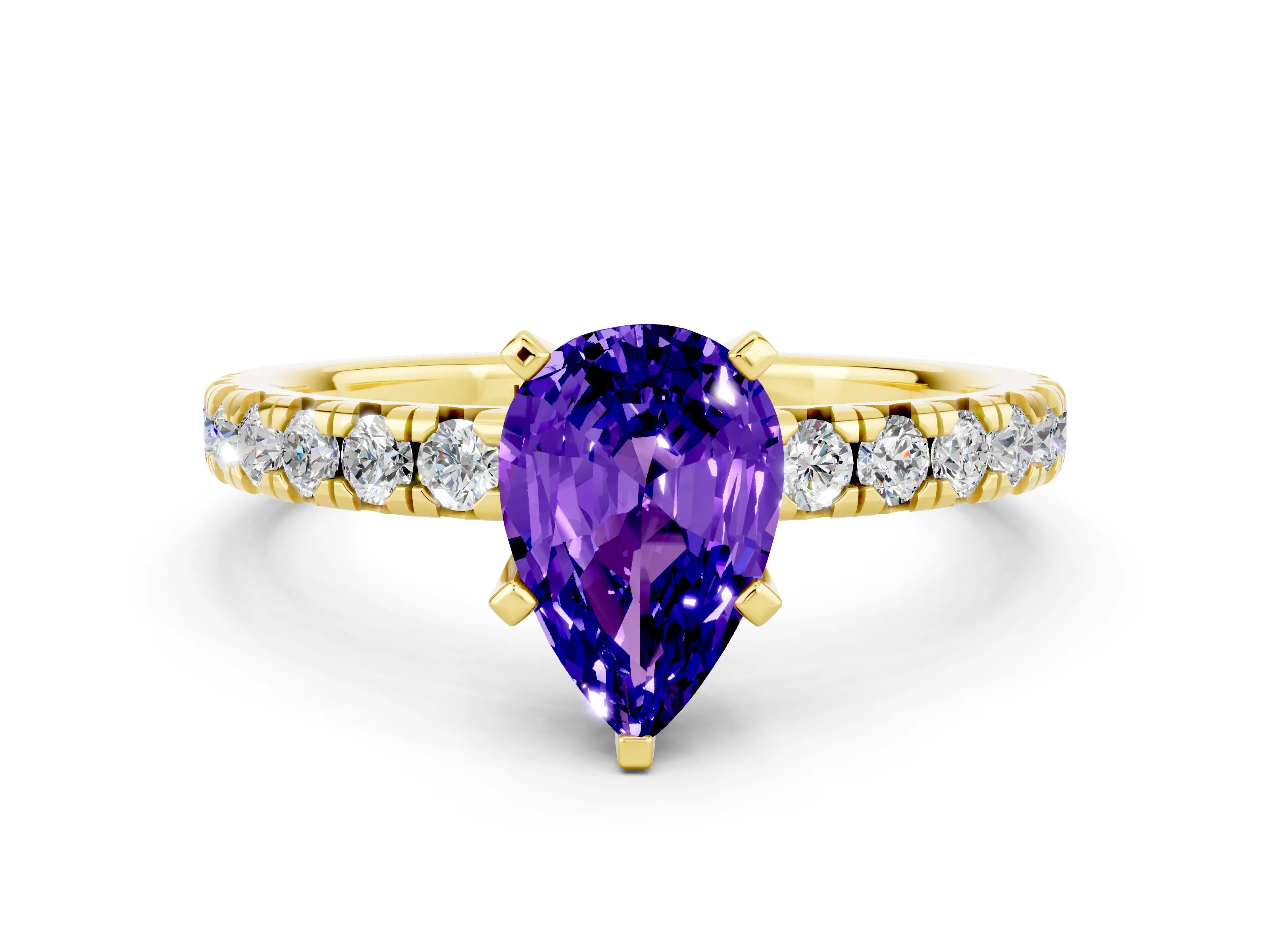 Yellow gold Pear Cut Solitaire Pave Diamond Engagement Ring with Four-Prong Setting