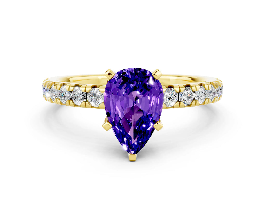 Yellow gold Pear Cut Solitaire Pave Diamond Engagement Ring with Four-Prong Setting
