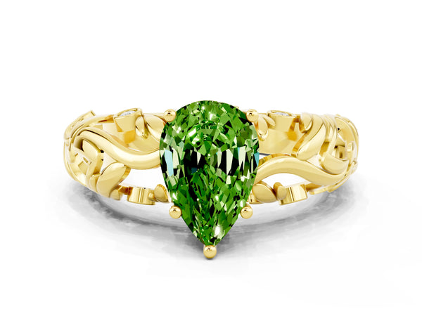 Yellow gold Pear Cut Solitaire Peridot Leaf-Inspired Vine Band Ring with Prong Setting