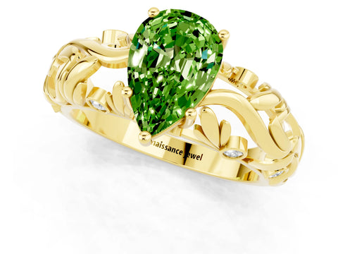 Yellow gold Pear Cut Solitaire Peridot Leaf-Inspired Vine Band Ring with Prong Setting_1