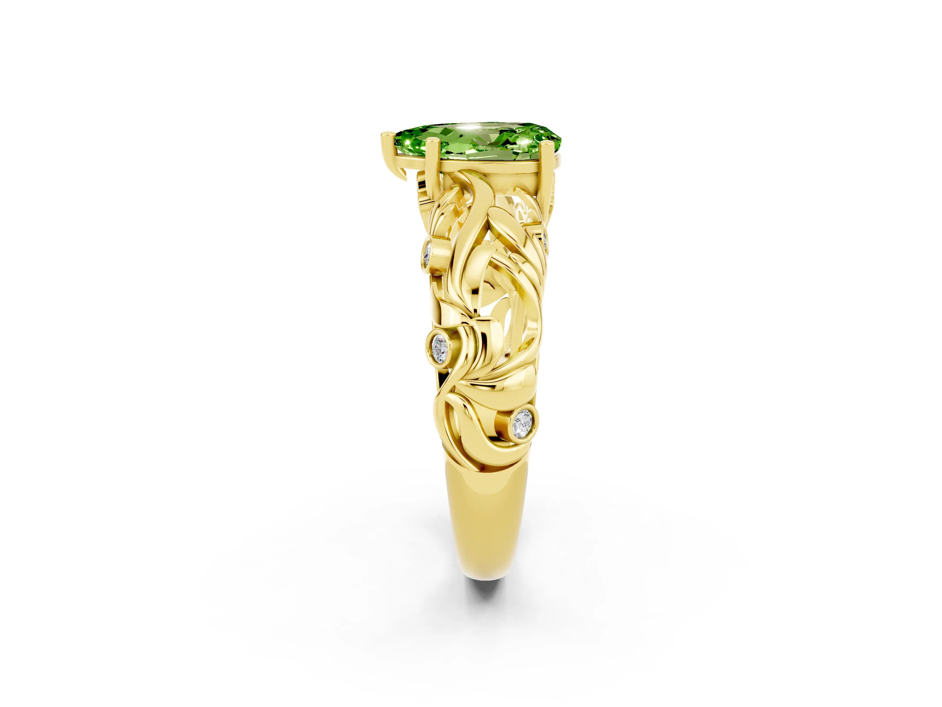 Yellow gold Pear Cut Solitaire Peridot Leaf-Inspired Vine Band Ring with Prong Setting_2
