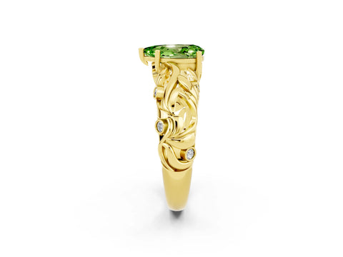 Yellow gold Pear Cut Solitaire Peridot Leaf-Inspired Vine Band Ring with Prong Setting_2