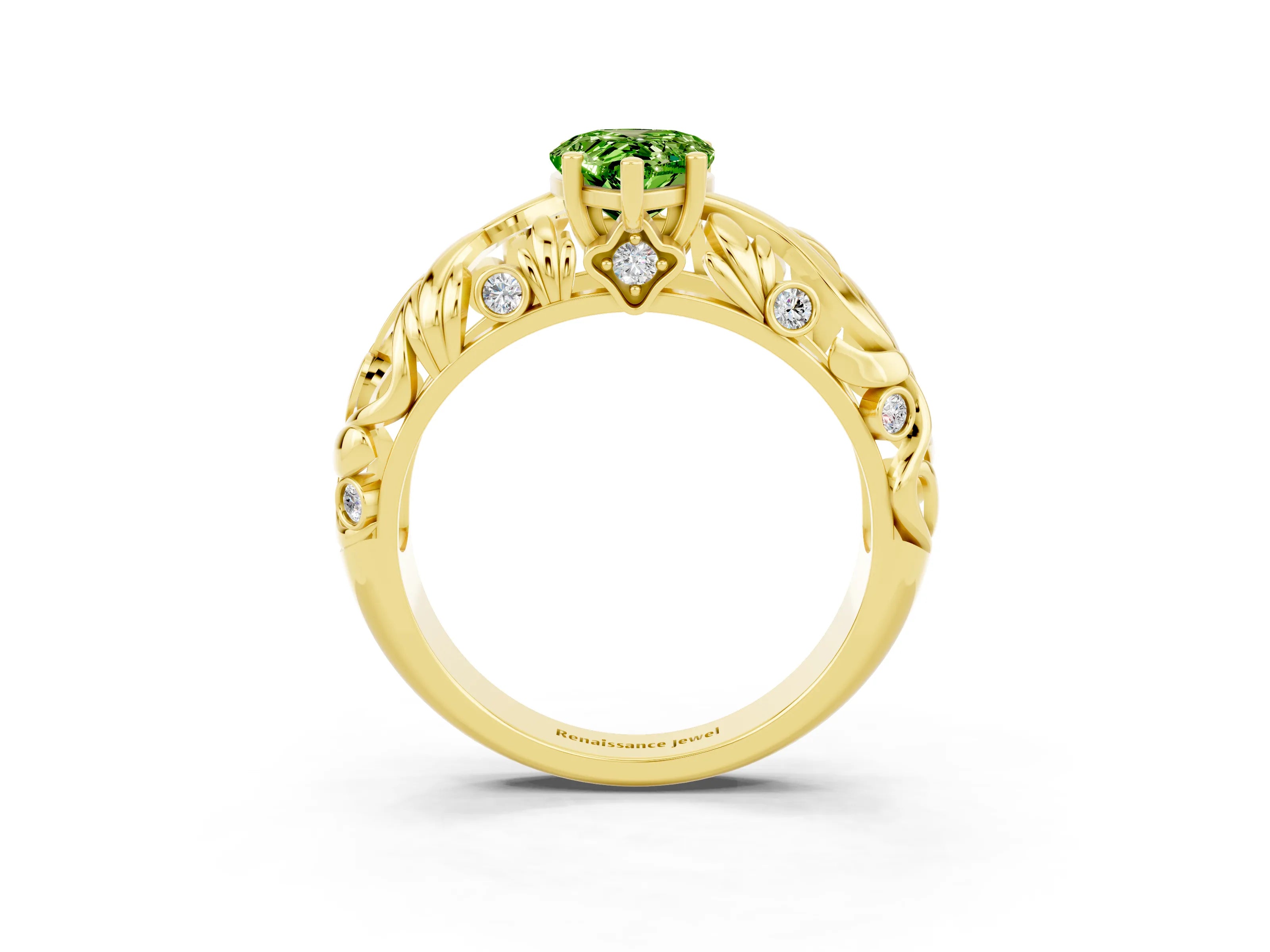 Yellow gold Pear Cut Solitaire Peridot Leaf-Inspired Vine Band Ring with Prong Setting_3