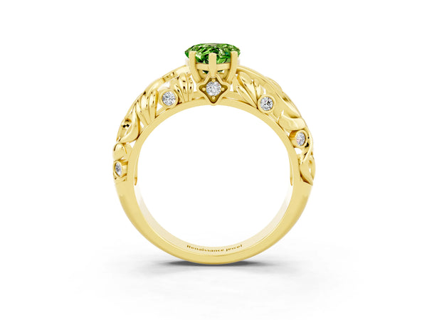Yellow gold Pear Cut Solitaire Peridot Leaf-Inspired Vine Band Ring with Prong Setting