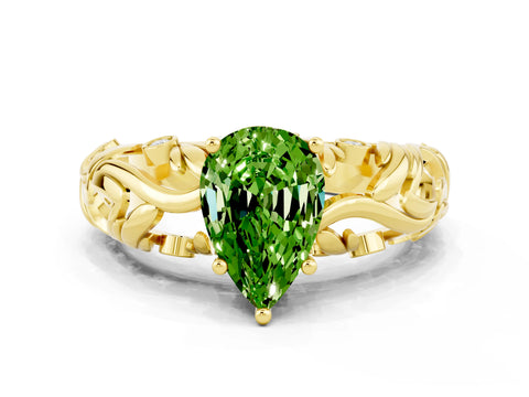 Yellow gold Pear Cut Solitaire Peridot Leaf-Inspired Vine Band Ring with Prong Setting