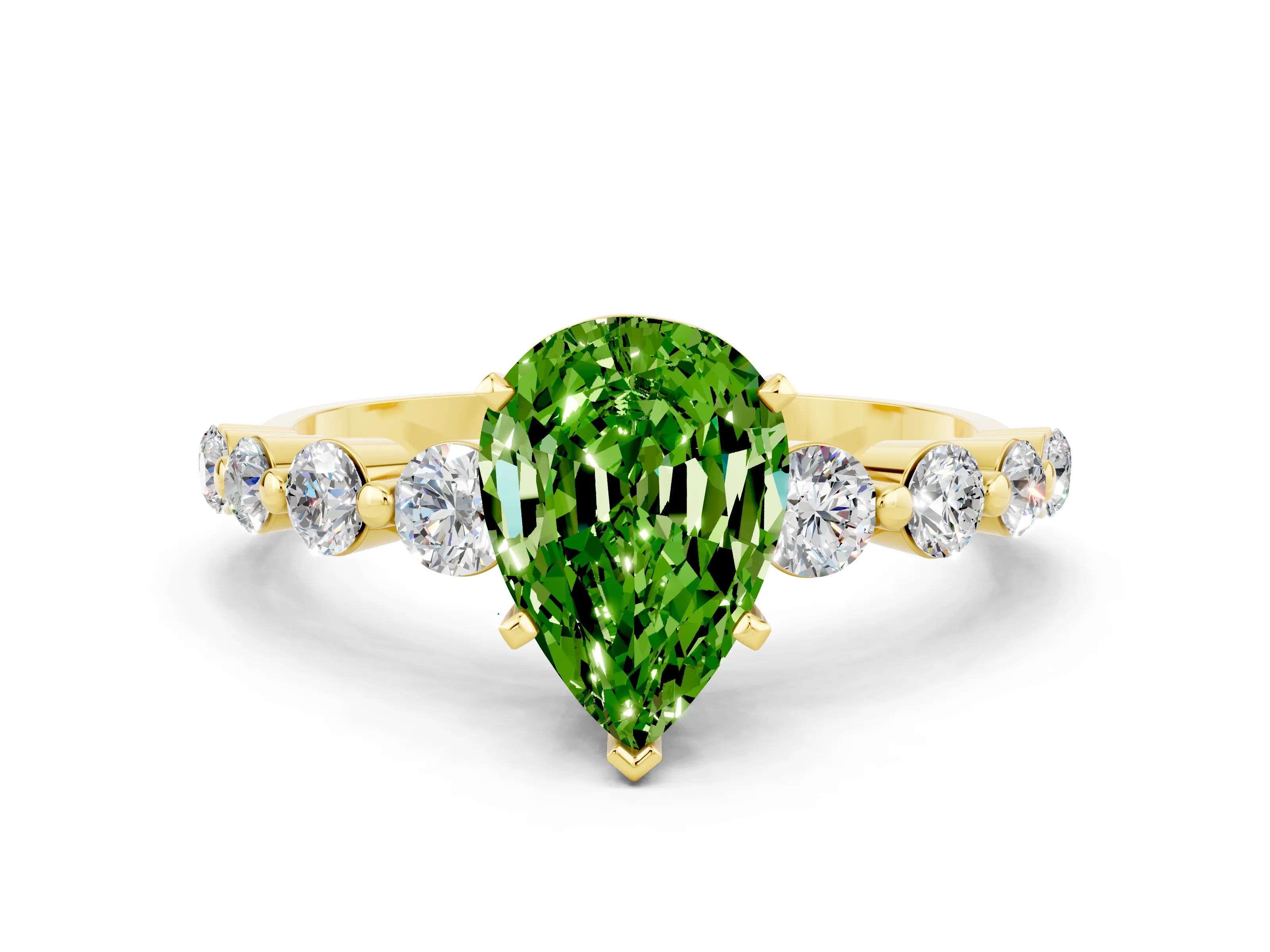 Yellow gold Pear Cut Solitaire Peridot Ring with Pave Band and Four-Prong Setting