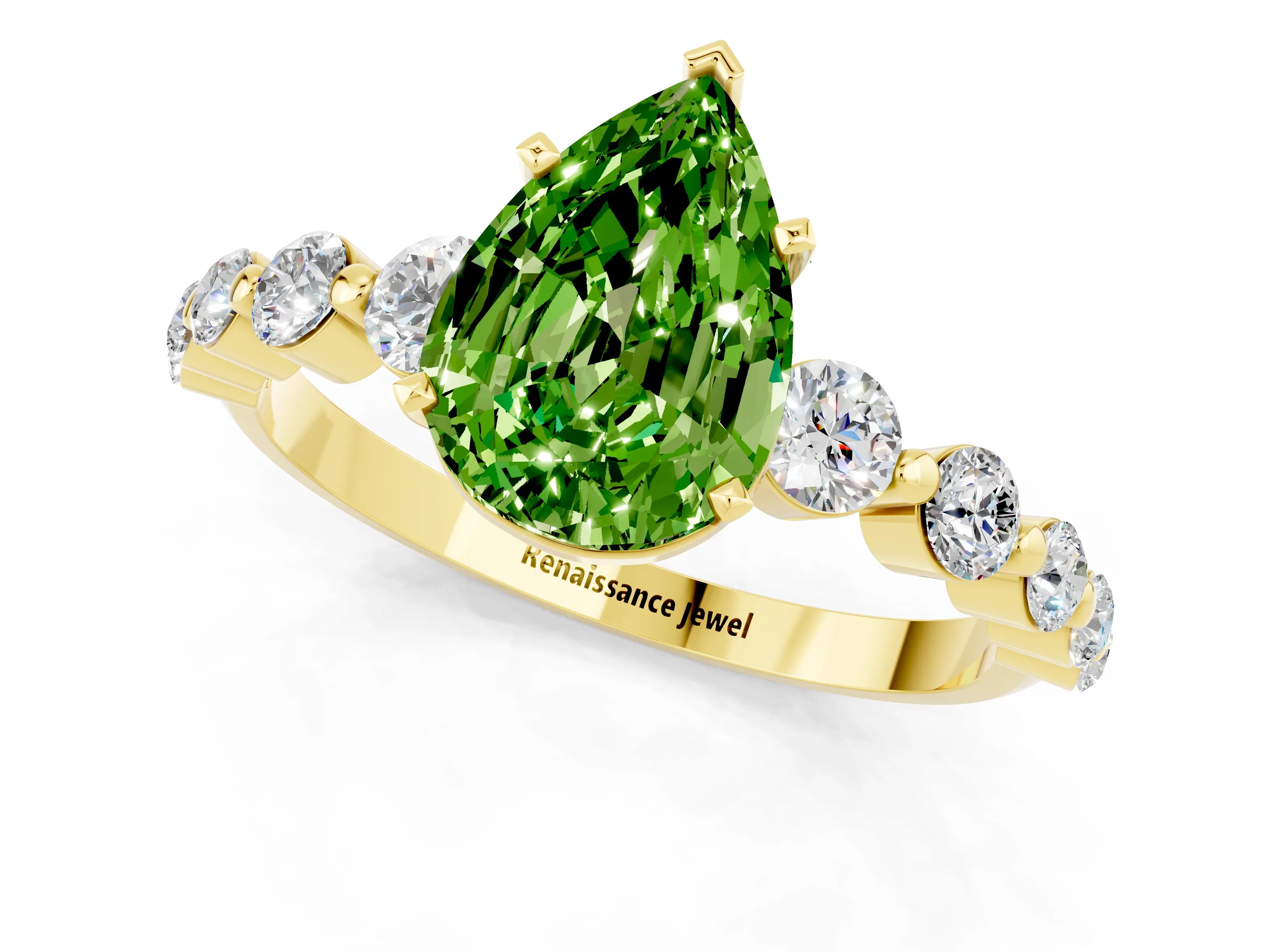 Yellow gold Pear Cut Solitaire Peridot Ring with Pave Band and Four-Prong Setting_1