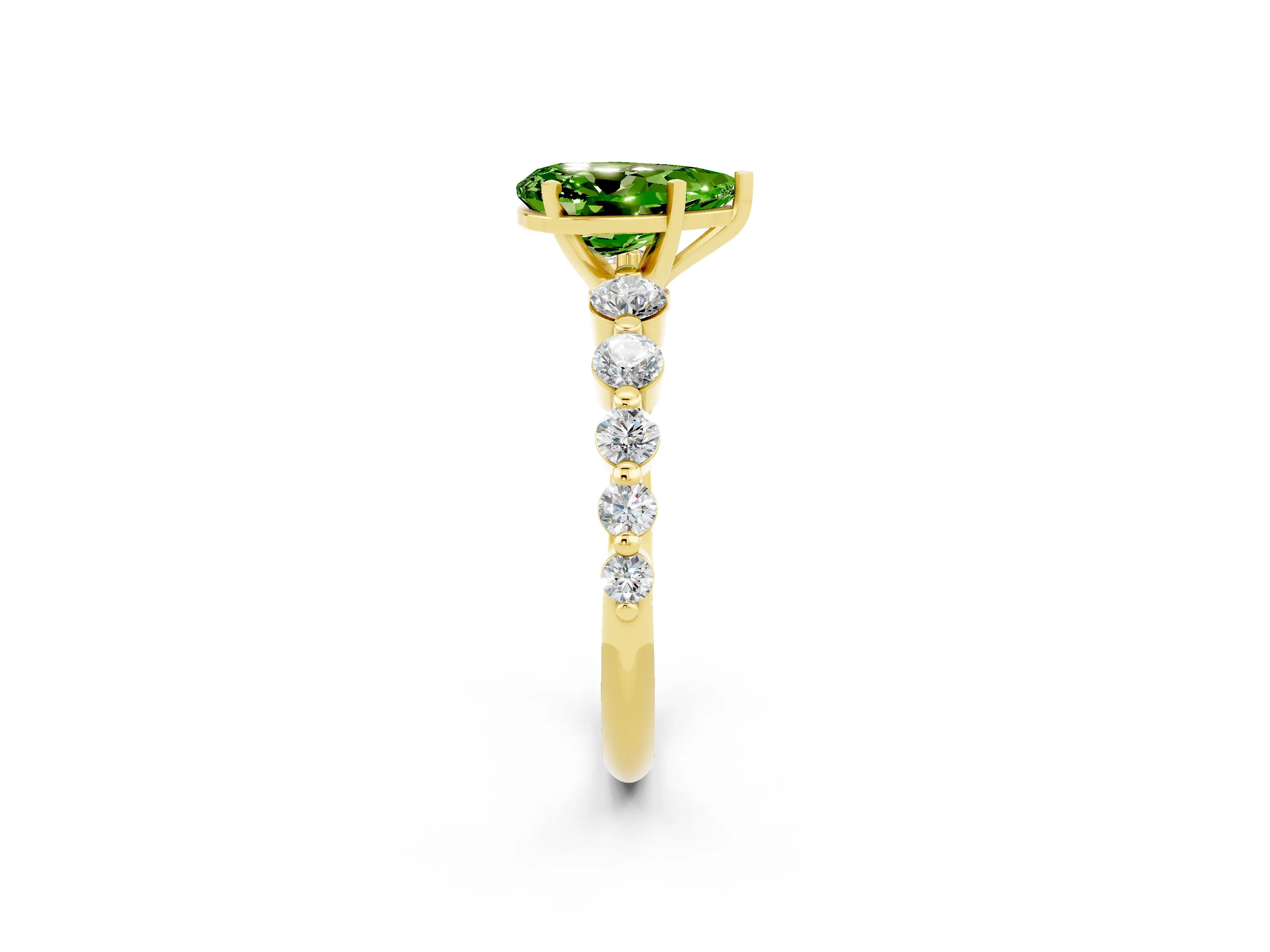 Yellow gold Pear Cut Solitaire Peridot Ring with Pave Band and Four-Prong Setting_2