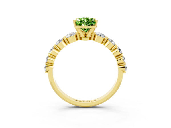 Yellow gold Pear Cut Solitaire Peridot Ring with Pave Band and Four-Prong Setting
