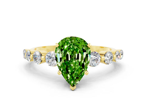 Yellow gold Pear Cut Solitaire Peridot Ring with Pave Band and Four-Prong Setting