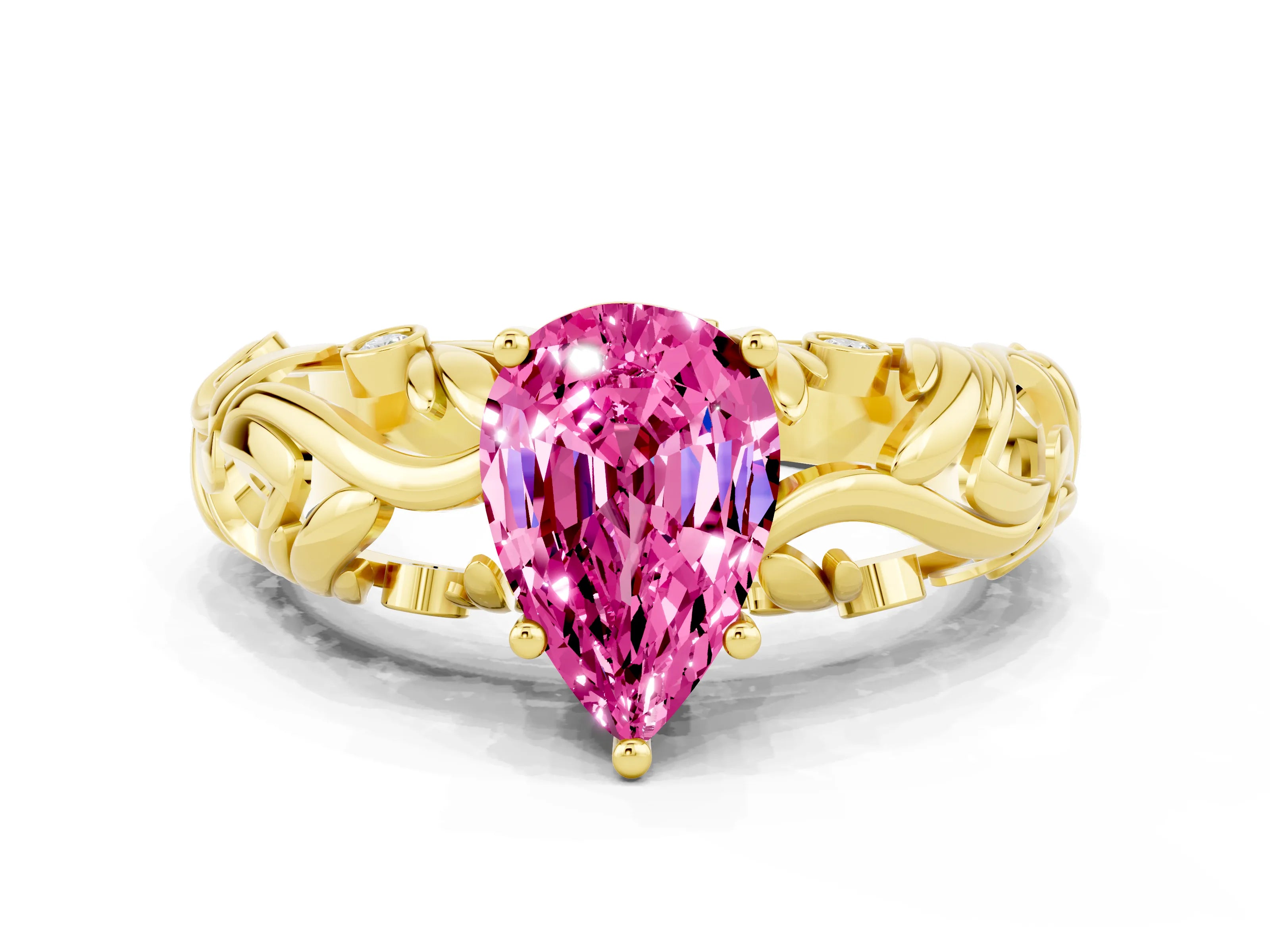 Yellow gold Pear Cut Solitaire Pink Sapphire Leaf-Inspired Vine Band Ring with Prong Setting_24