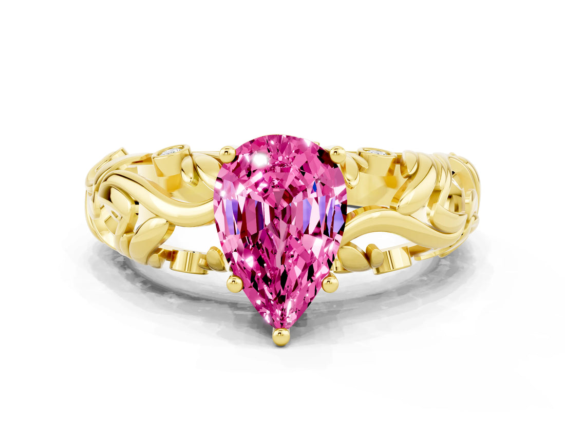 Yellow gold Pear Cut Solitaire Pink Sapphire Leaf-Inspired Vine Band Ring with Prong Setting_24
