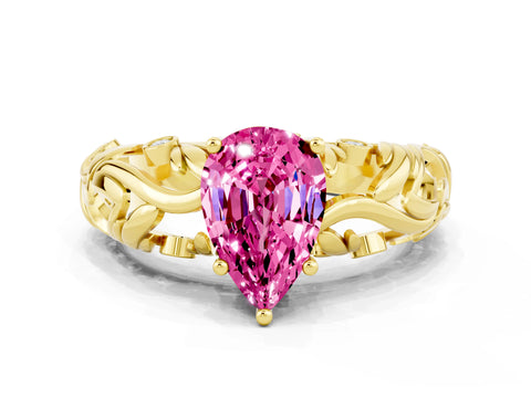 Yellow gold Pear Cut Solitaire Pink Sapphire Leaf-Inspired Vine Band Ring with Prong Setting_24