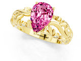 Yellow gold Pear Cut Solitaire Pink Sapphire Leaf-Inspired Vine Band Ring with Prong Setting_25